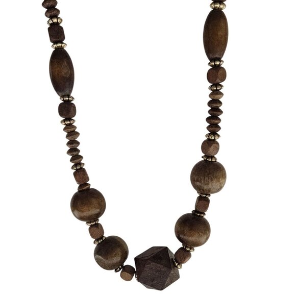 Boho Brown Wood Beaded Chunky Necklace Round Geometric Beads Fashion Jewelry - Picture 1 of 6